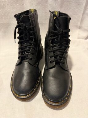 Dr. Martens Black Leather Lace-Up Combat Boots with Yellow Stitching sku182